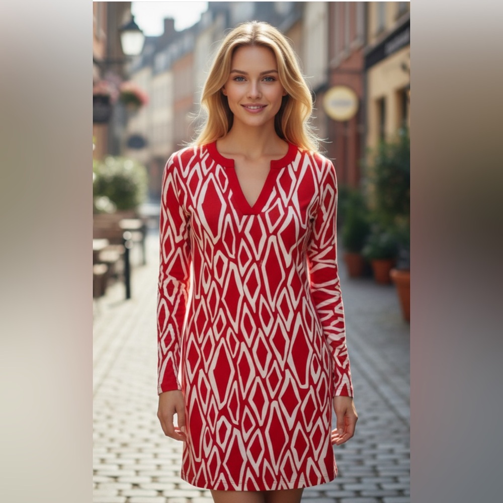 Diane Von Furstenberg Vibrant Red and White Patterned dress pTP 17”